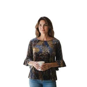 W5 Women's L Blouse Velvet Burnout Floral Bell Sleeve Sheer Whimsigoth Fairy 40"